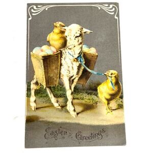 Antique 1908 EASTER Postcard With Lamb Chickens Easter Eggs Greeting